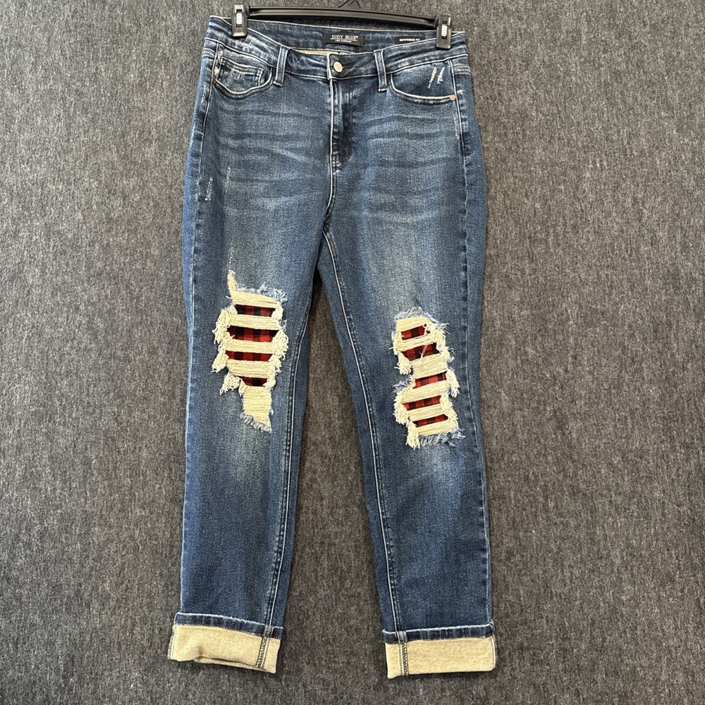 Judy Blue Buffalo Plaid Boyfriend Fit Jeans Patch High Rise Dark Wash Size 13/31